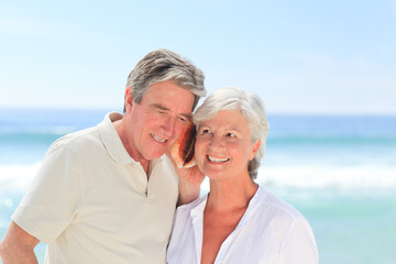 Obraz premium Retired couple listening to their shell