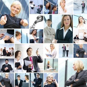 A collage of business images with young people and success