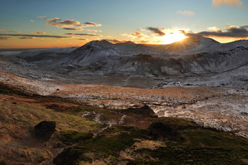 Romantic sunset over snow covered valley, Iceland