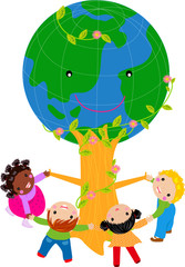 Obraz na płótnie Canvas Kids and globe tree
