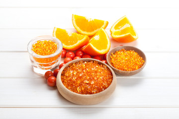 Fototapeta na wymiar Orange Spa - Juicy fruits and bath salt