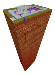 Geothermieanlage mit Schnitt durch die Erde und Tiefenbohrung