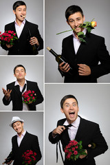 Collage group picture of man with flowers and bottle of vine for