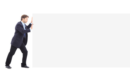 Man push banner on white background