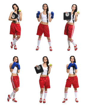 Six images of a young and sexy female boxer in red shorts