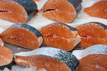 Fresh salmon steaks on display at Central Market in Riga