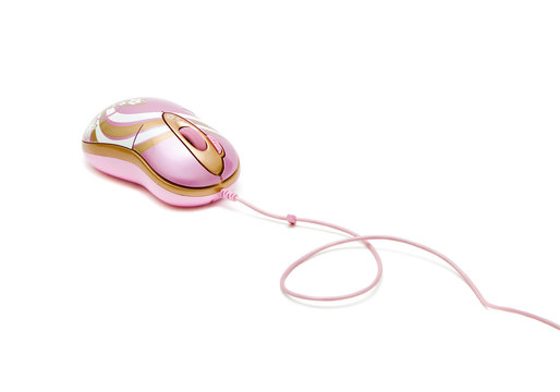 pink computer mouse with cable on white background