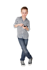 young caucasian boy with touch phone on white background