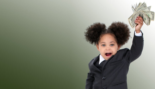 Beautiful Little Business Woman  And Money Over Green Background