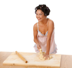 housewife mix dough on the wooden board