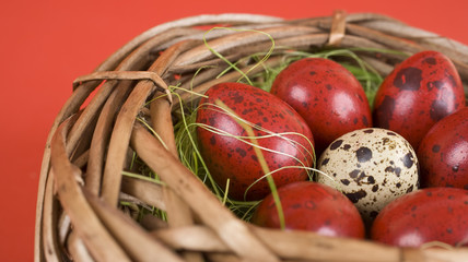 Easter eggs in wicker basket on red background