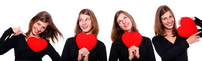 attractive young women holding a red heart over white background