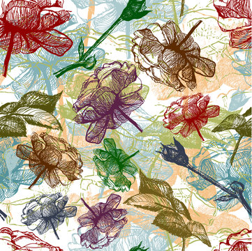 Retro seamless roses pattern. Hand drawing. Vector Illustration