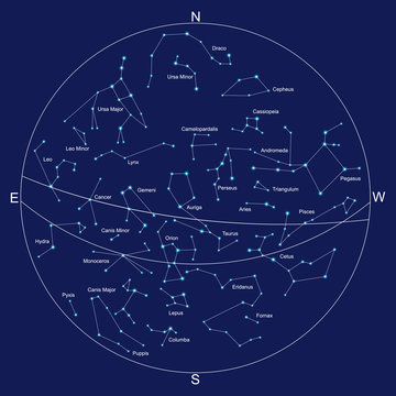 sky map and constellations with titles, vector