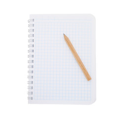 Paper notebook with pencil isolated on white background