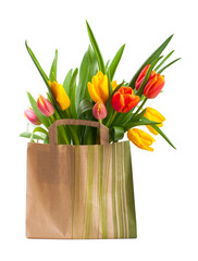 Red and yellow tulips in a paper bag