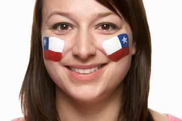 Young Female Sports Fan With Chilean Flag Painted On Face
