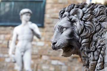 Toskana Florenz, Löwen Statue auf der "Piazza della Signoria"