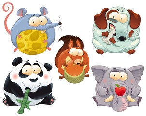 Obraz premium Funny animals with food. Vector isolated characters.