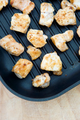 Fried, chopped turkey on frying pan