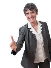 mature businesswoman handshake isolated on white