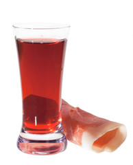 Red drink with meat snack