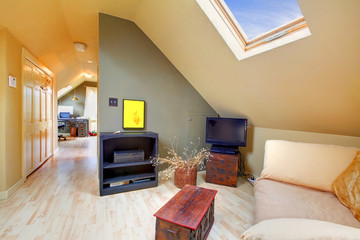 Attic living room with sky light and hallway