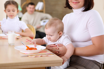 Obraz na płótnie Canvas a young mother feeding her infant baby