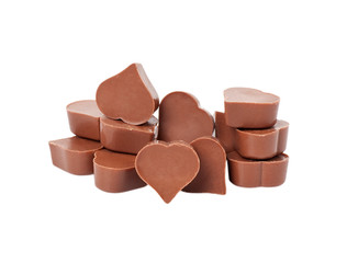 Heart-shaped chocolate candies isolated on white.