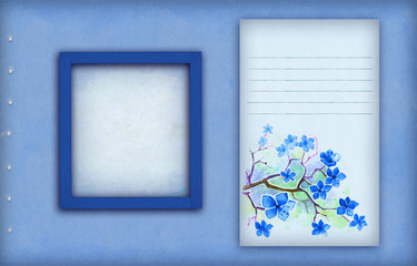 Vintage blue photo frame with flowers