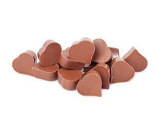 Heart-shaped chocolate candies isolated on white.
