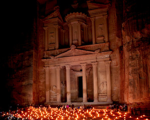 The treasury at Petra by night, Lost rock city of Jordan.
