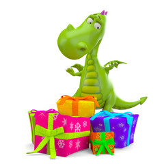 Fototapeta premium dino baby green glossy dragon in many gift
