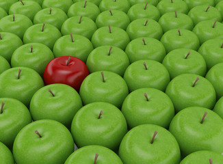 One red apple on a background of green apples