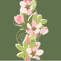 Naklejka premium Green floral background with stylized apple flowers