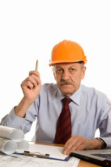 Engineer at the computer isolated on white background