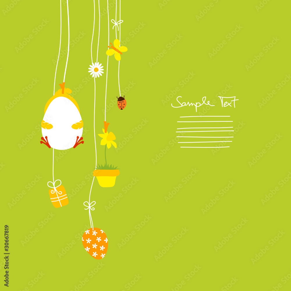 Poster hanging easter chick holding egg & symbols