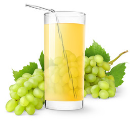 Isolated drink. Bunch of white grapes and glass of juice isolated on white background
