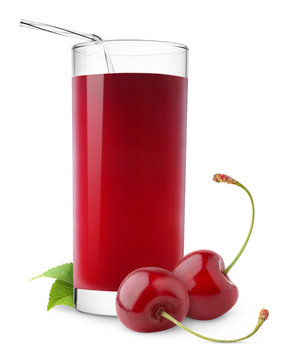 Isolated Drink. Glass Of Cherry Juice And Two Cherries Isolated On White Background