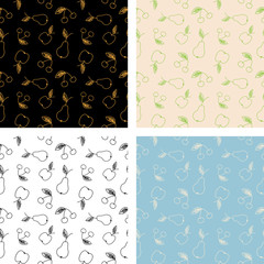 Set of seamless patterns of an apple, pear and cherry