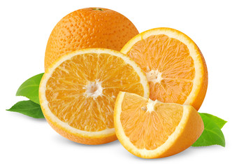 Isolated oranges. Cut orange fruits isolated on white background