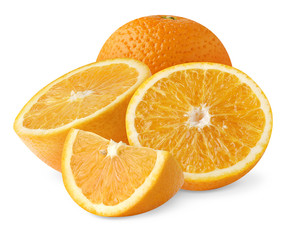Isolated oranges. Pieces of cut orange fruits isolated on white background