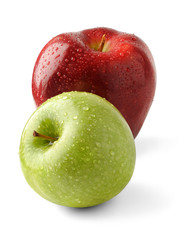 Wet red and green apples isolated on white background