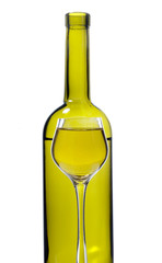 Green bottle and glasses on white