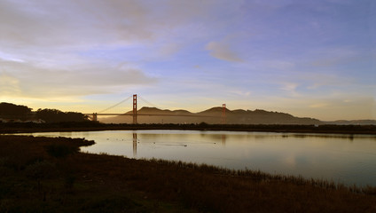 Panoramic View of Crissy Field and the Golden Gate Bridge at Sun
