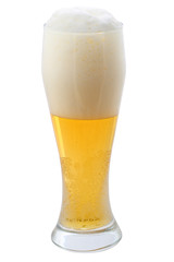 Beer with the foam on a white