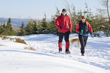 Winter hiking in mountains