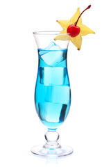 Blue cocktail with carambola and maraschino