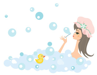 Girl taking the bath and blowing soap bubbles