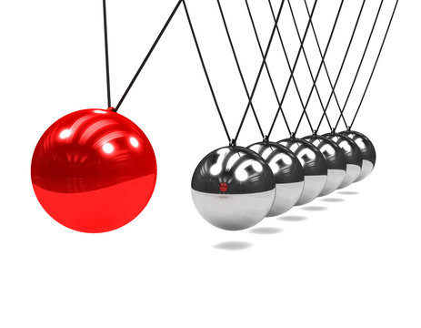 3d Newtons cradle red ball close up